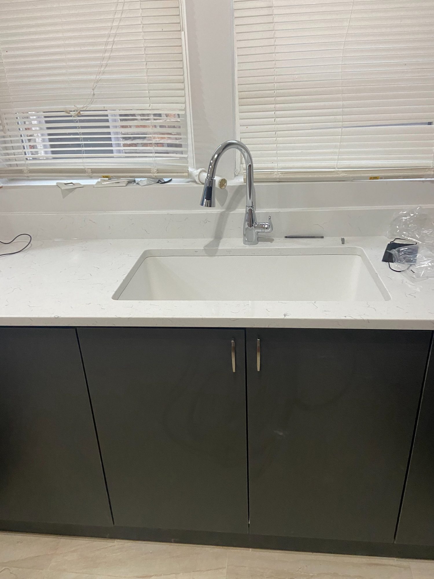 Finished quartz countertop with undermount sink